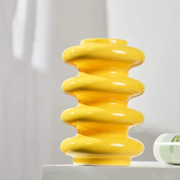 Overlays ceramic flower vase yellow green modern décor vibrant layered design glossy finish