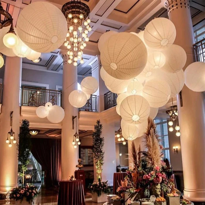 Paper Moon Hanging Lanterns rice paper round shades metal wire ribbing mixed 4-14 in sizes white Warm or Cool LED option