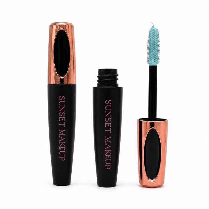 Sunset Makeup pastel blue mascara with a closed tube, open tube, and light blue-coated wand on a white background.