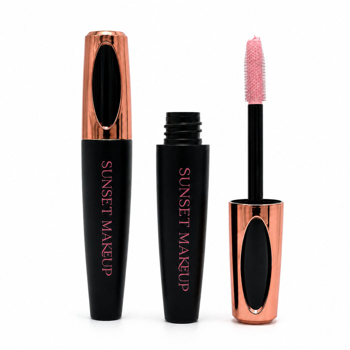 Sunset Makeup pastel pink mascara with a closed tube, open tube, and light pink-coated wand on a white background.