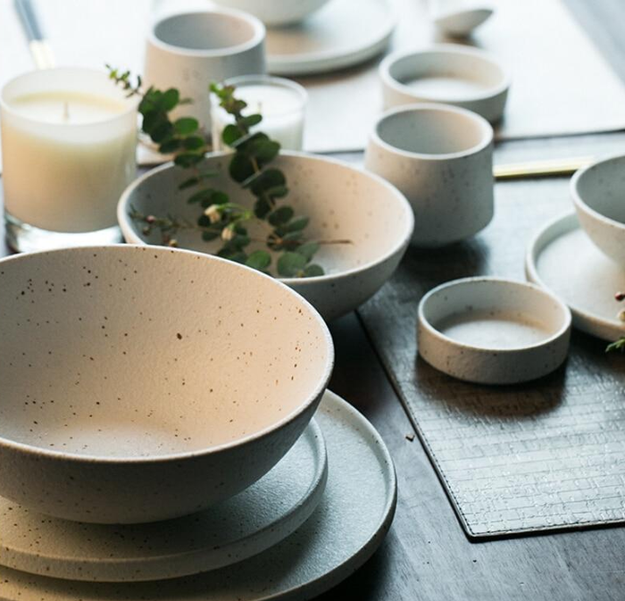Fine porcelain ceramic White with black flecks dinner plates and bowls