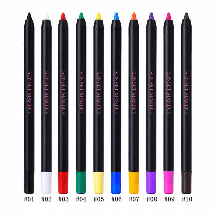 Sunset Makeup Pencil Crayon Eyeliners in 10 shades: black, white, red, green, yellow, blue, orange, purple, pink, and brown.