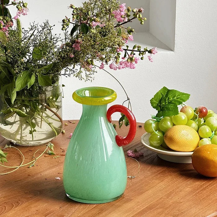 Handblown Glass Vase Colorful Dual Tone Spout Handle Pedestal Decorative Home Accent