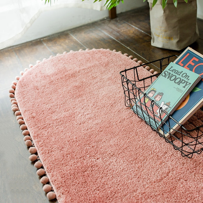 Pom-pom Trimmed Oval Anti-skid Bathroom Kitchen Rug Pink