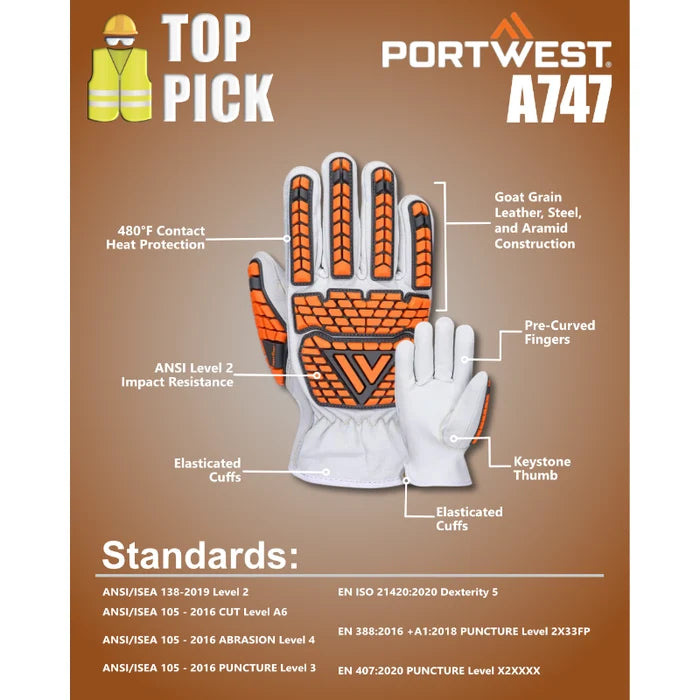 Portwest® Impact Goat Leather Cut Glove - ANSI Cut Level A6 - A74