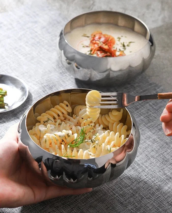 Radiance Ribbed Bowl Polished stainless steel ribbed bowl modern reflective noodle rice bowl