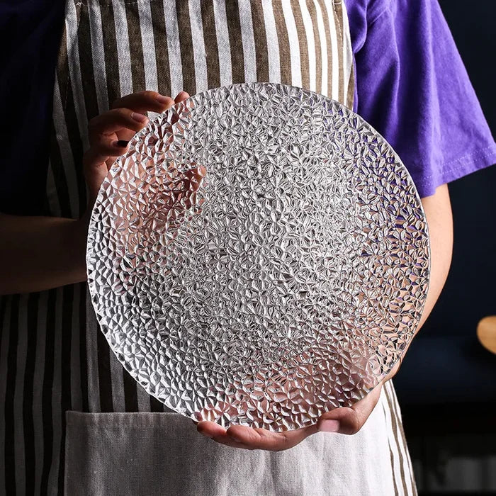 Elegant embossed round dinner plate for serving textured clear plate
