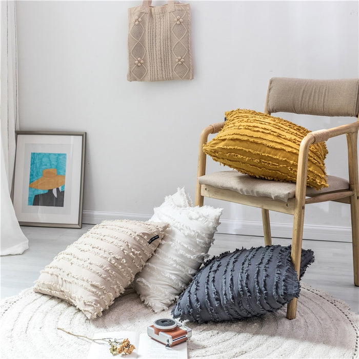 square Cotton, Polyester Embroidered tassel yellow white beige grey cushion cover with zipper
