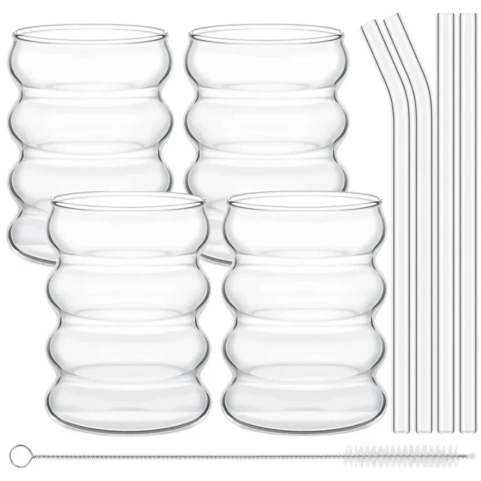 Leeseph 4Pcs Creative Glass Cups Coffee Mug Vintage Drinking Glasses Ribbed Glassware Aesthetic Cups with Straws Set-Letifly Lights and Decor