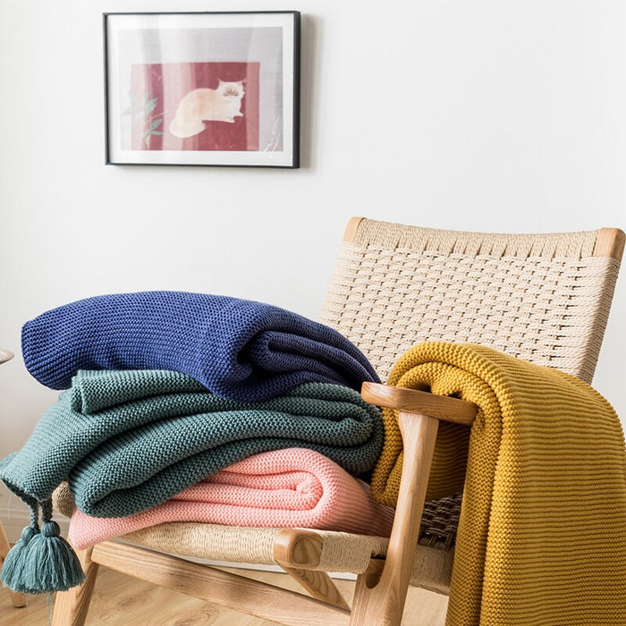 Acrylic Royal Blue Tassel Edges Knitted Throw Blanket