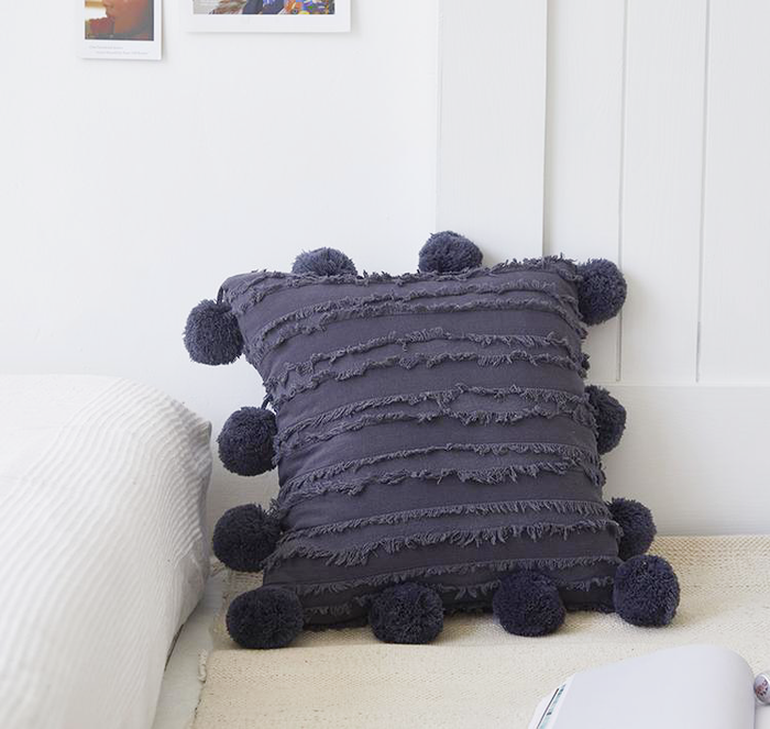 carbon grey 18x18 inch cotton cushion covers with pom poms