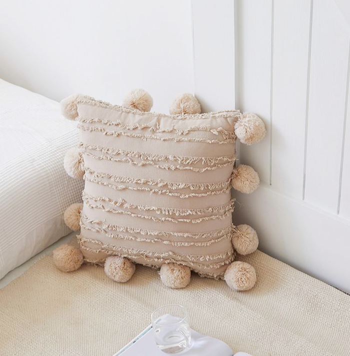 beige 18x18 inch cotton cushion covers with pom poms