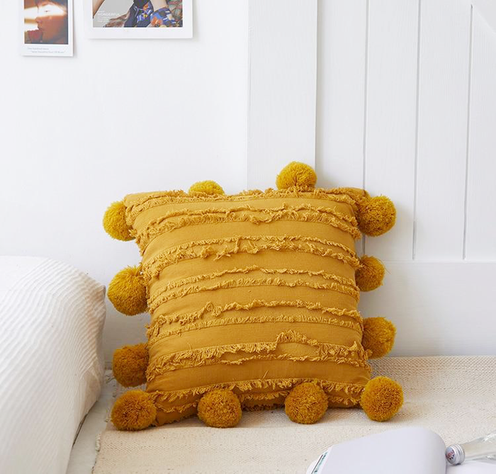 mustard yellow 18x18 inch cotton cushion covers with pom poms