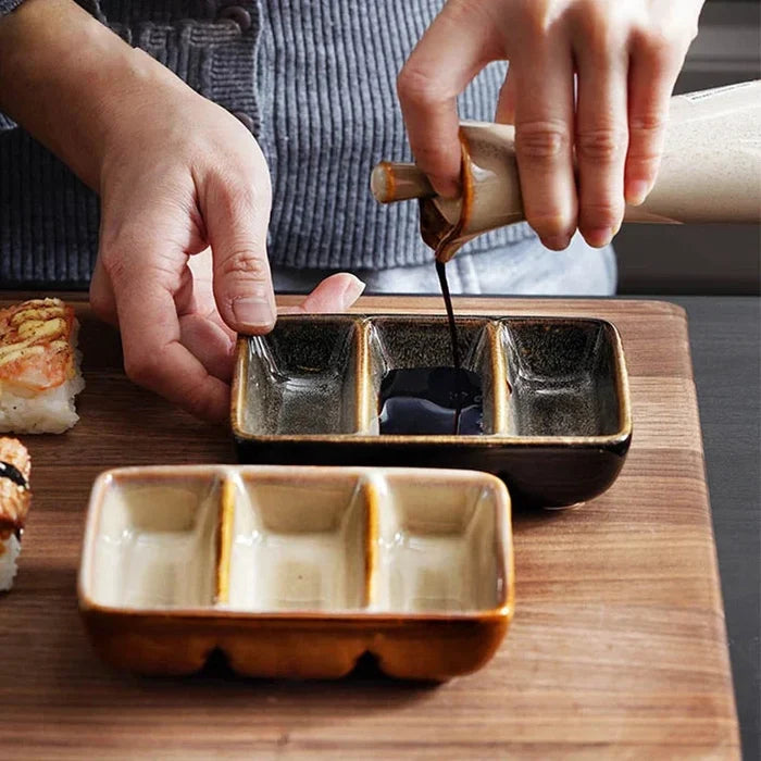 Kinglang Creative Ceramic Japanese Three Grid Saucer Restaurant Sushi Sauce Dish Barbecue Saucer Rectangular Dipping Dish-Letifly Lights and Decor