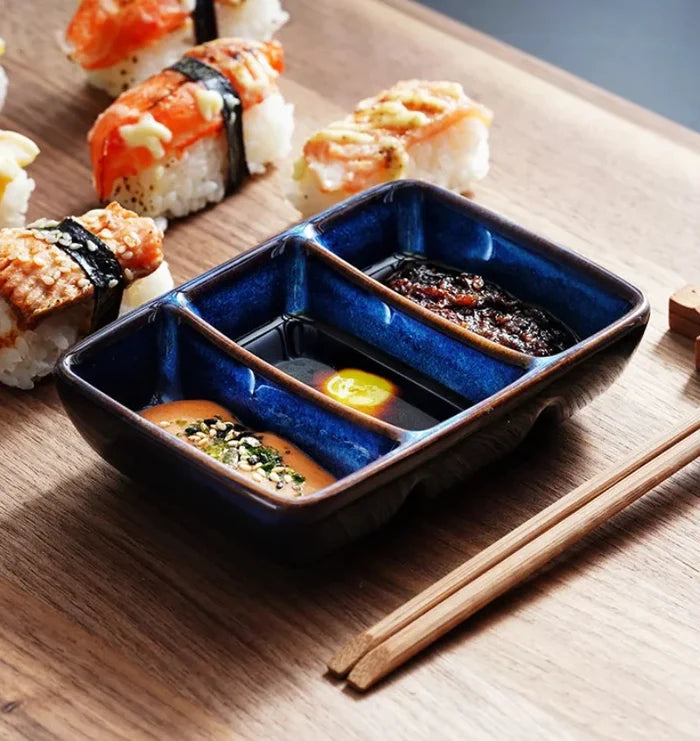 Kinglang Creative Ceramic Japanese Three Grid Saucer Restaurant Sushi Sauce Dish Barbecue Saucer Rectangular Dipping Dish-Letifly Lights and Decor