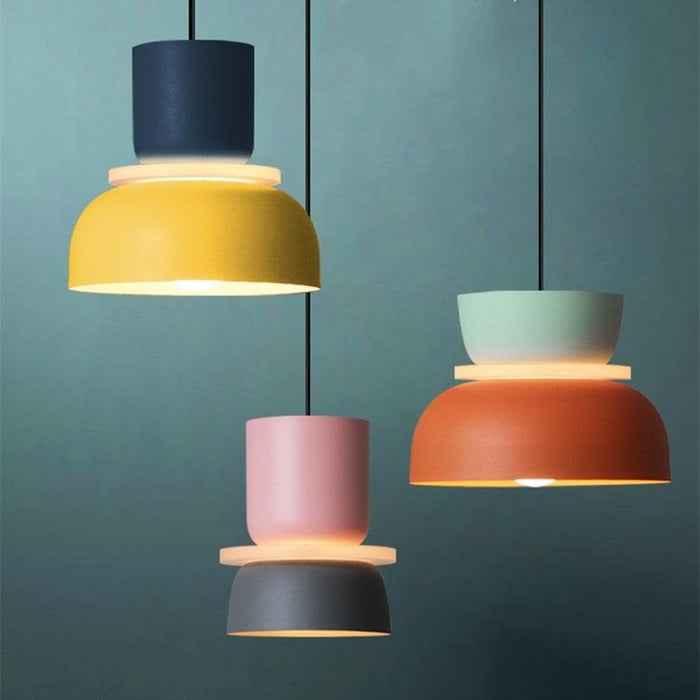 Saturn Halo pendant with matte painted aluminum housing, central acrylic disk, color-blocked shades and 150cm adjustable cord