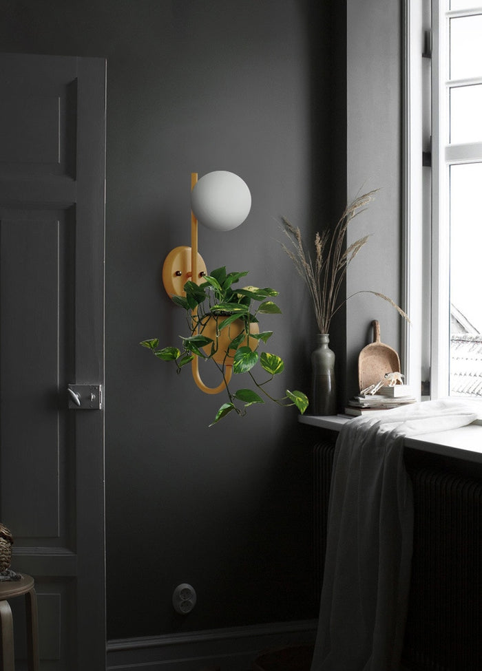 vertical abstract iron yellow frosted glass with plant container wall lamp