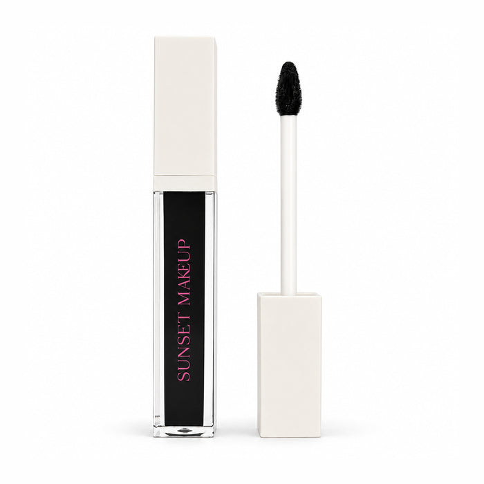 Sunset Makeup black gloss liquid lipstick in a clear rectangular tube with pink brand text, shown next to its white cap and applicator wand on a white background.