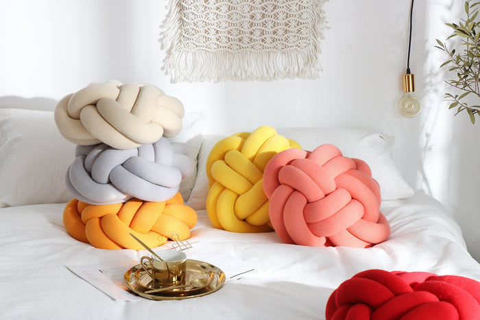 Beige Gray Orange Yellow Pink Red Round Macrame Knot Cushion