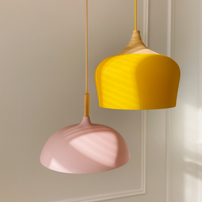 Soft Pastel Pendant Light with painted aluminum shade, wood accent and adjustable 48in cord, E27 base (<60W)