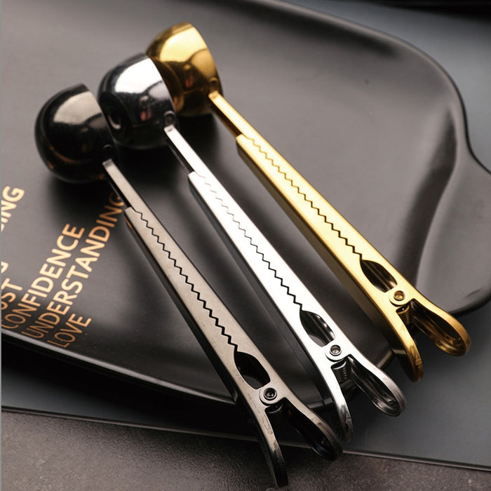 Stainless Steel Multifunctional Coffee Spoon and Sealing Clip Silver Gold Black