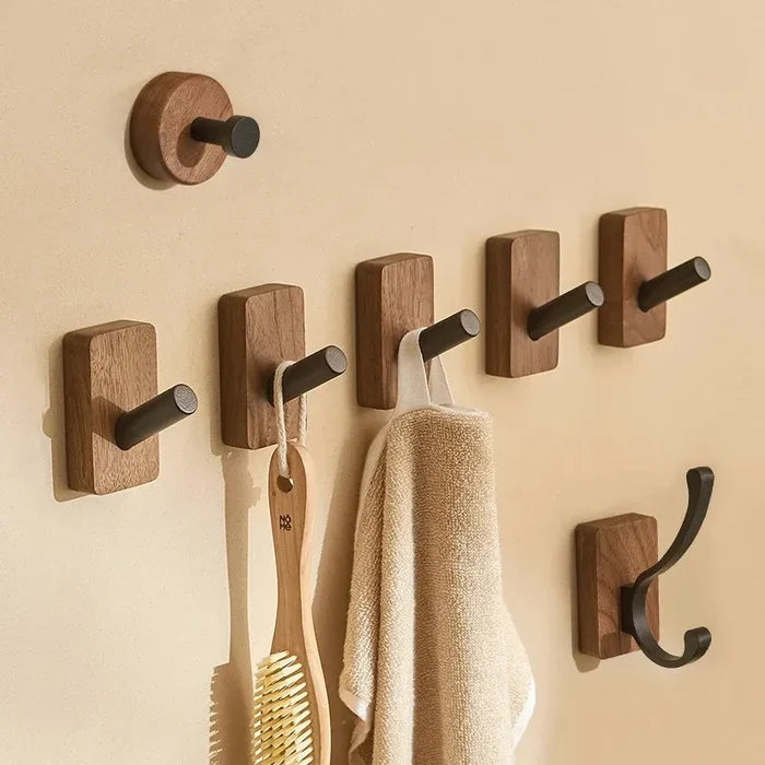 Wooden wall hook self-adhesive walnut key holder modern towel coat hanger