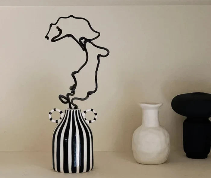 Ceramic Vase Double Ear Striped Glazed Black Blue Abstract Living Room Modern Decor