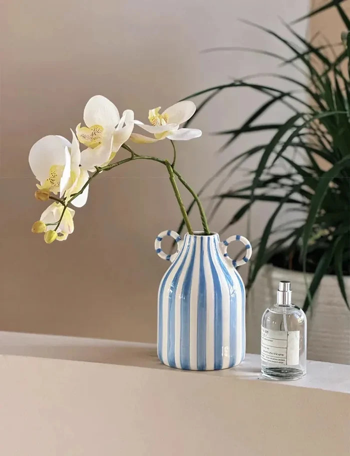 Ceramic Vase Double Ear Striped Glazed Black Blue Abstract Living Room Modern Decor