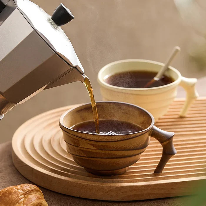Ceramic ridged coffee mug warm brown textured tea cup sculptural handle minimalist drinkware