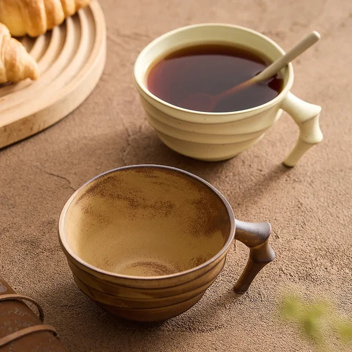 Ceramic ridged coffee mug warm brown textured tea cup sculptural handle minimalist drinkware