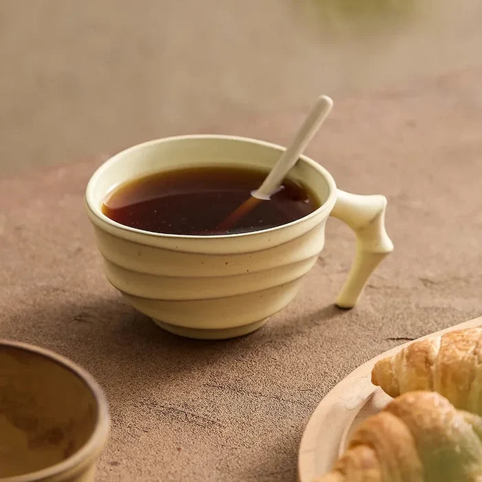 Ceramic ridged coffee mug warm brown textured tea cup sculptural handle minimalist drinkware