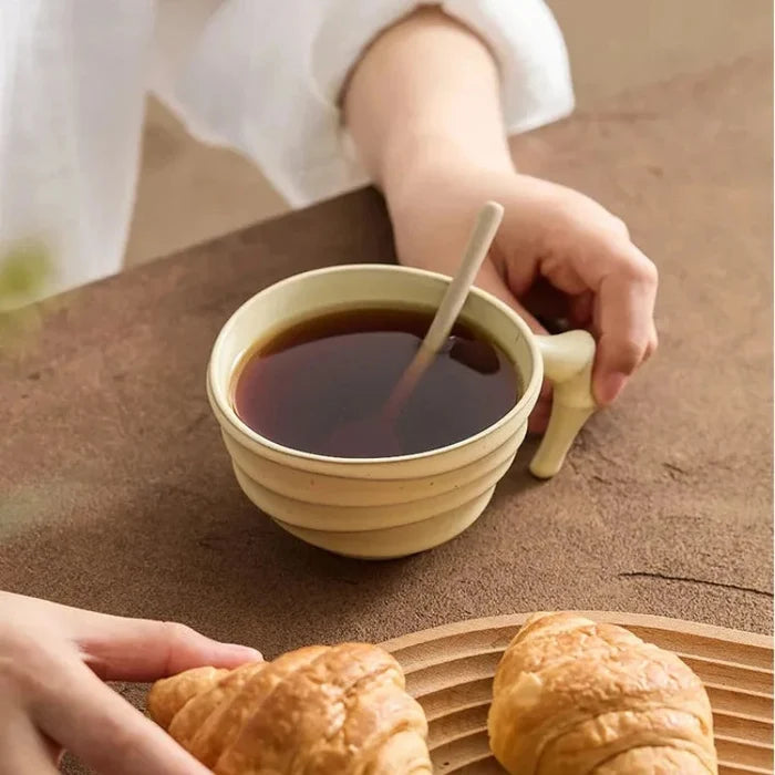 Ceramic ridged coffee mug warm brown textured tea cup sculptural handle minimalist drinkware
