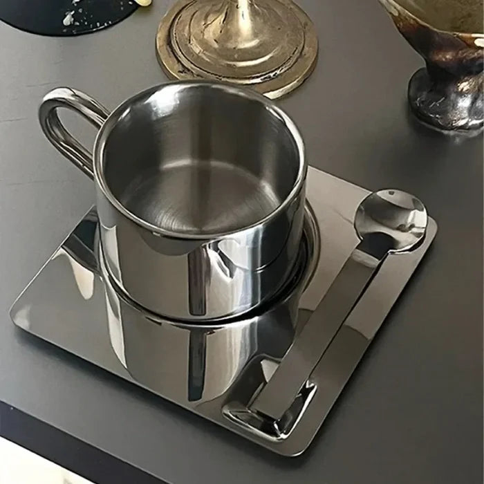 Stainless steel espresso cup and square saucer modern coffee tea set 3pc set with teaspoon