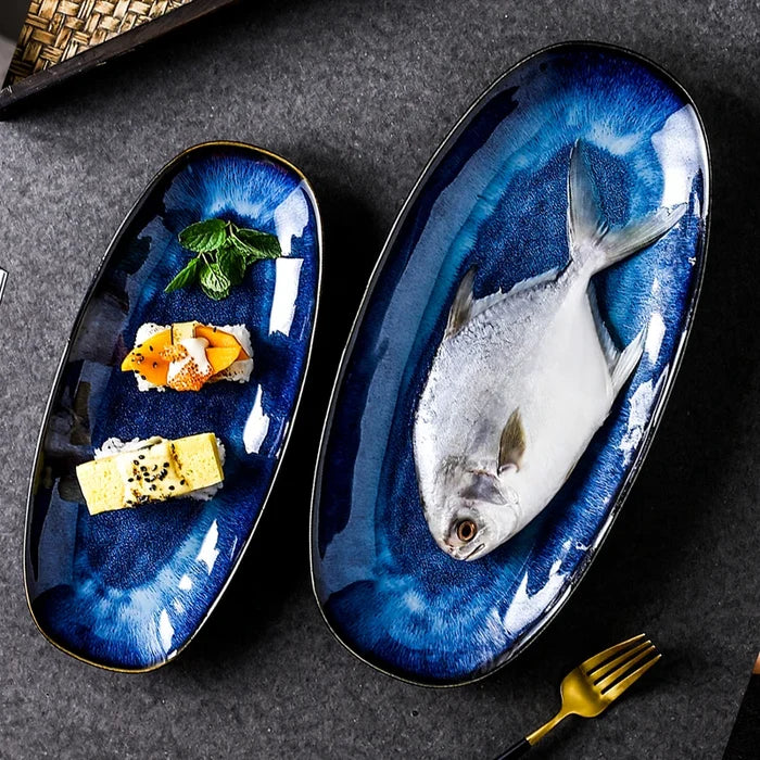Japanese Kiln Glazed Blue Long Plate Household Steamed Fish Plate Large Dish Color Creative Sushi Plate-Letifly Lights and Decor
