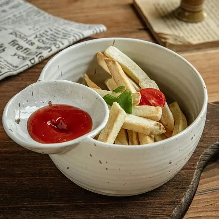 Letifly Lights & Decor - The Bistro Dip Bowl - Handcrafted ceramic snack bowl with integrated dipping compartment and speckled glaze finish