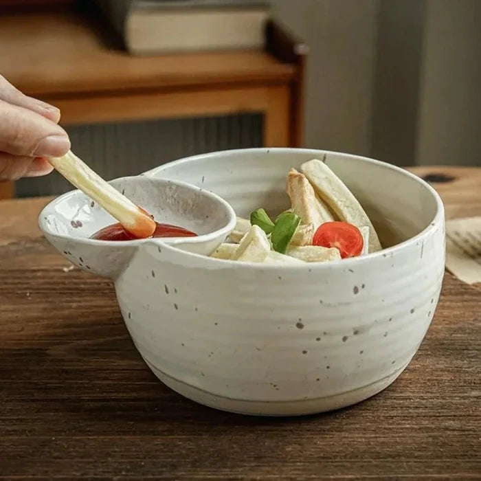 Letifly Lights & Decor - The Bistro Dip Bowl - Handcrafted ceramic snack bowl with integrated dipping compartment and speckled glaze finish
