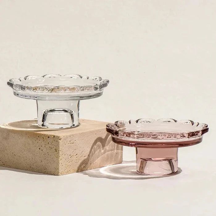 Vintage clear glass dessert plate, Heirloom Pedestal Tray jewelry display storage tray, scalloped lace candle holder for elegant home decoration