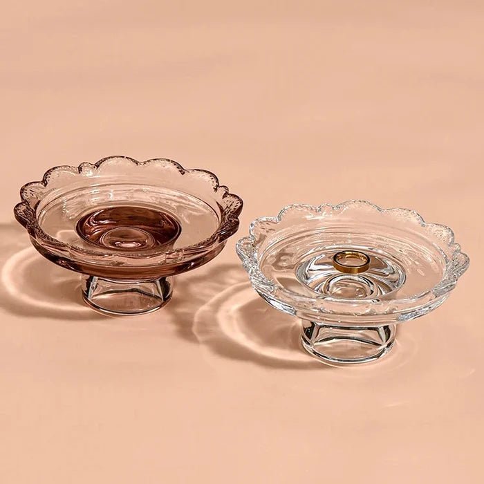 Vintage clear glass dessert plate, Heirloom Pedestal Tray jewelry display storage tray, scalloped lace candle holder for elegant home decoration.