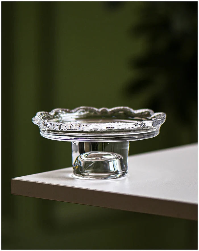 Vintage clear glass dessert plate, Heirloom Pedestal Tray jewelry display storage tray, scalloped lace candle holder for elegant home decoration.