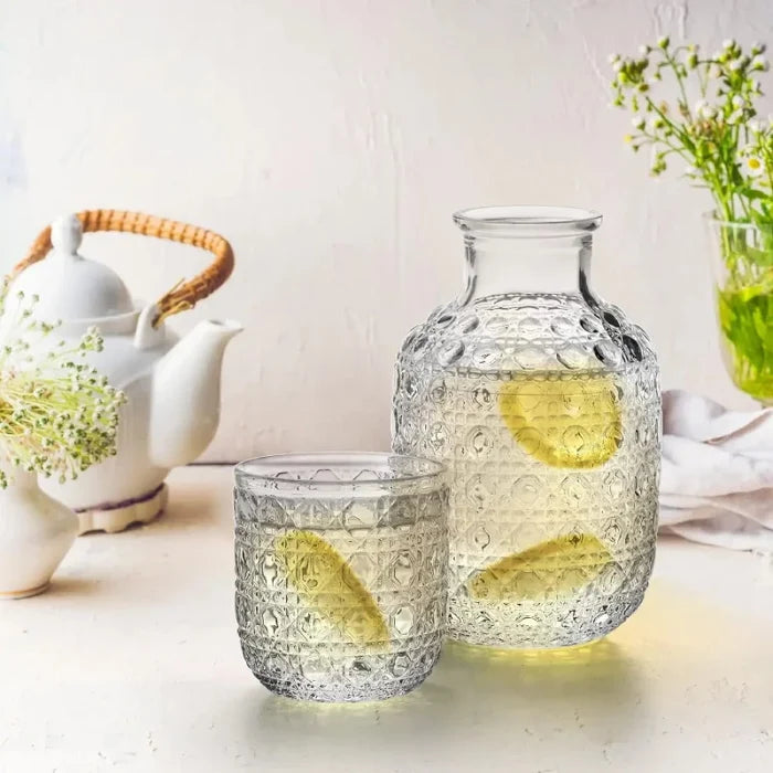 Bedside Carafe Pitcher And Water Glass Tumbler Set Vintage Glass Water Pitcher With Cup Set For Bedroom Retro Relief Patterns-Letifly Lights and Decor