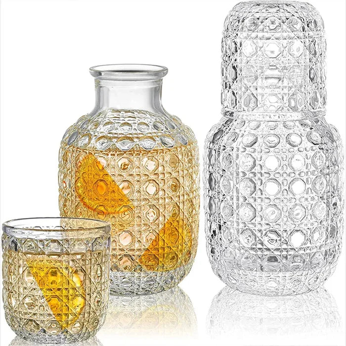 Bedside Carafe Pitcher And Water Glass Tumbler Set Vintage Glass Water Pitcher With Cup Set For Bedroom Retro Relief Patterns-Letifly Lights and Decor