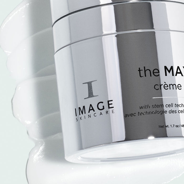 close up of MAX creme container on top of texture swatch on light background