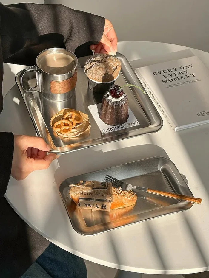 The Meridian Serve Tray Stainless steel square serving tray modern brushed metal café platter