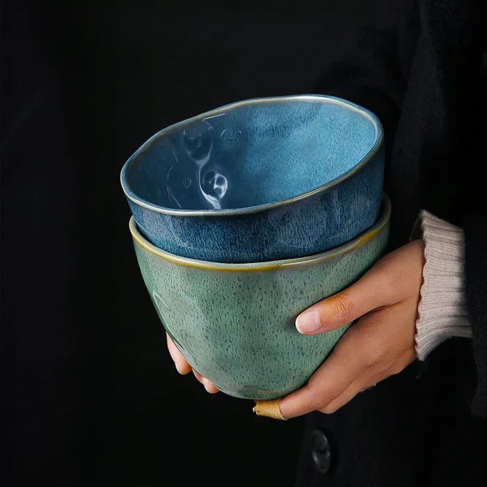 Ceramic Bowl Irregular Shape Blue Glaze Handmade Soup Salad Noodle Fruit Tableware