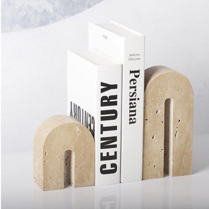 U Tower Stone Book Stand Holder beige Travertine U-shaped profile with visible natural veining medium 10×5×12.5cm