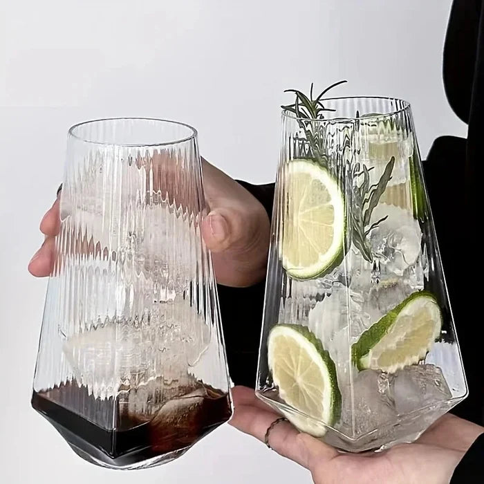 Highball drinking glass clear geometric modern faceted borosilicate vertical ripple texture