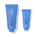 Two blue squeeze tubes of Vol. Lift Body and Vol. Lift Skin Rebound Complex skincare products on a white background.