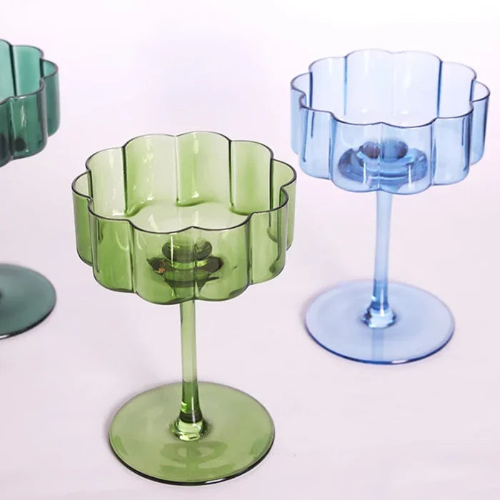 Wave Rim Glass Collection Colorful crystal glasses with wavy petal rim modern cocktail and wine glass