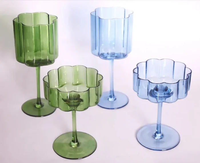 Wave Rim Glass Collection Colorful crystal glasses with wavy petal rim modern cocktail and wine glass