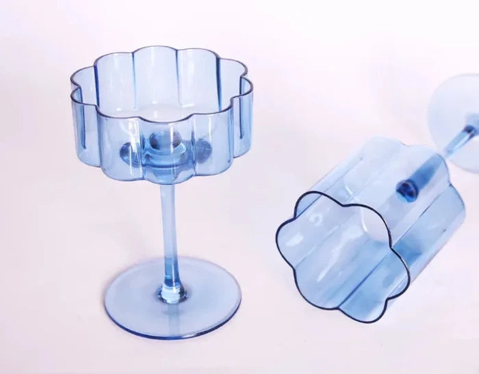 Wave Rim Glass Collection Colorful crystal glasses with wavy petal rim modern cocktail and wine glass
